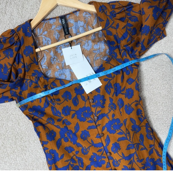 NWT Zara Dress Midi Length Button Front Convertible Duster Dress Brown Blue XS - Picture 12 of 16